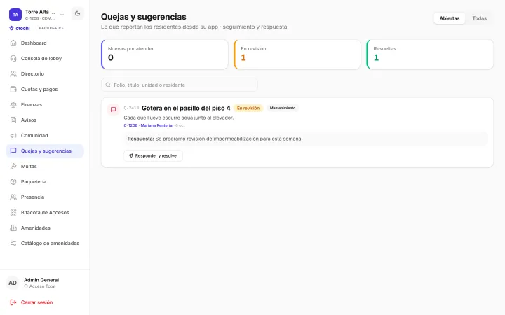 Pantalla Quejas y sugerencias del backoffice: 0 nuevas por atender, 1 en revisión y 1 resuelta; la queja Q-2418, «Gotera en el pasillo del piso 4», de mantenimiento y en revisión, de C-1208 · Mariana Rentería del 6 oct, con la respuesta «Se programó revisión de impermeabilización para esta semana» y el botón Responder y resolver.