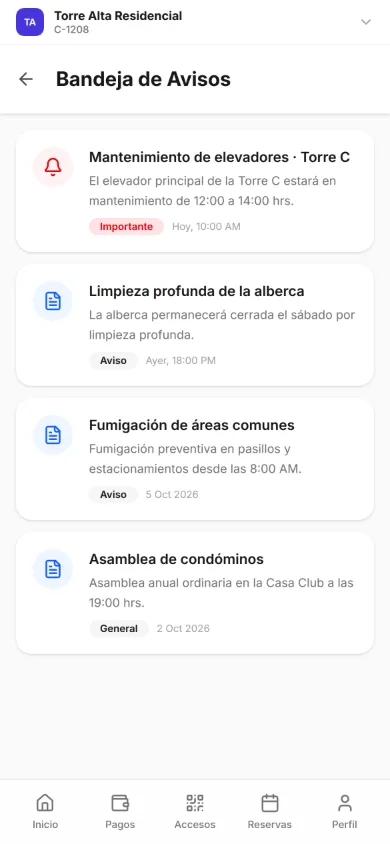 Bandeja de avisos de la app de residente: Mantenimiento de elevadores · Torre C, importante, de hoy a las 10:00; Limpieza profunda de la alberca, de ayer; Fumigación de áreas comunes, del 5 oct 2026, y Asamblea de condóminos, del 2 oct 2026.